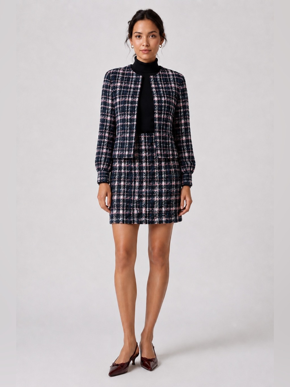 NWT Ann Taylor Navy Pink Plaid Bouclé Tweed Jacket Skirt Set. Jacket 2; skirt 4